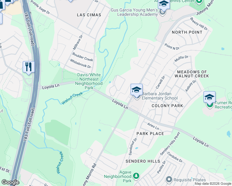 map of restaurants, bars, coffee shops, grocery stores, and more near 6200 Loyola Lane in Austin