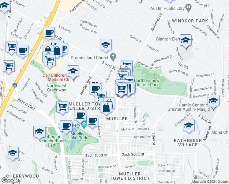 map of restaurants, bars, coffee shops, grocery stores, and more near 4818 Berkman Drive in Austin