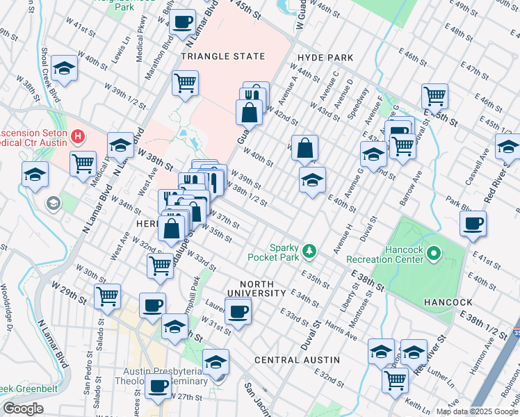 map of restaurants, bars, coffee shops, grocery stores, and more near 305 West 38th Street in Austin