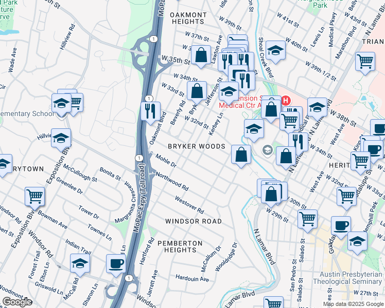 map of restaurants, bars, coffee shops, grocery stores, and more near 2903 Kerbey Lane in Austin