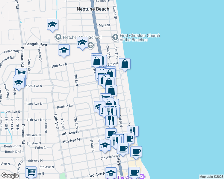 map of restaurants, bars, coffee shops, grocery stores, and more near 1410 Florida A1A in Jacksonville Beach