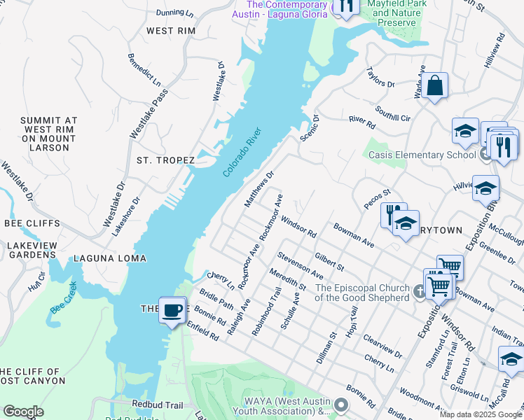 map of restaurants, bars, coffee shops, grocery stores, and more near 3709 Windsor Road in Austin