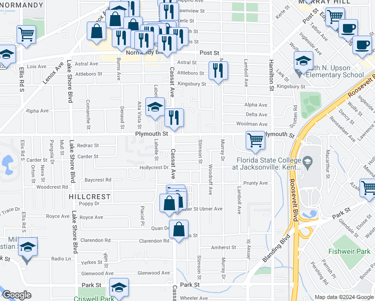 map of restaurants, bars, coffee shops, grocery stores, and more near 4835 Elizabeth Terrace in Jacksonville