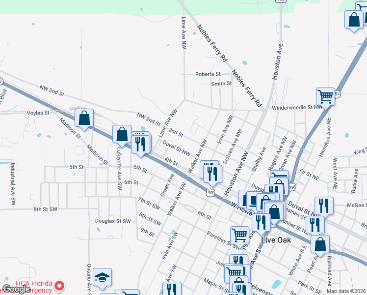 map of restaurants, bars, coffee shops, grocery stores, and more near 713 Duval St NW in Live Oak