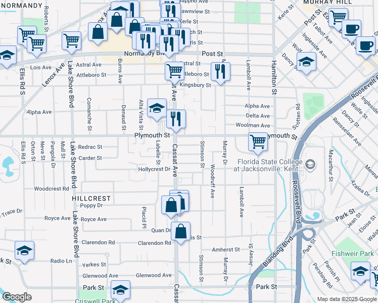 map of restaurants, bars, coffee shops, grocery stores, and more near 4835 Elizabeth Terrace in Jacksonville