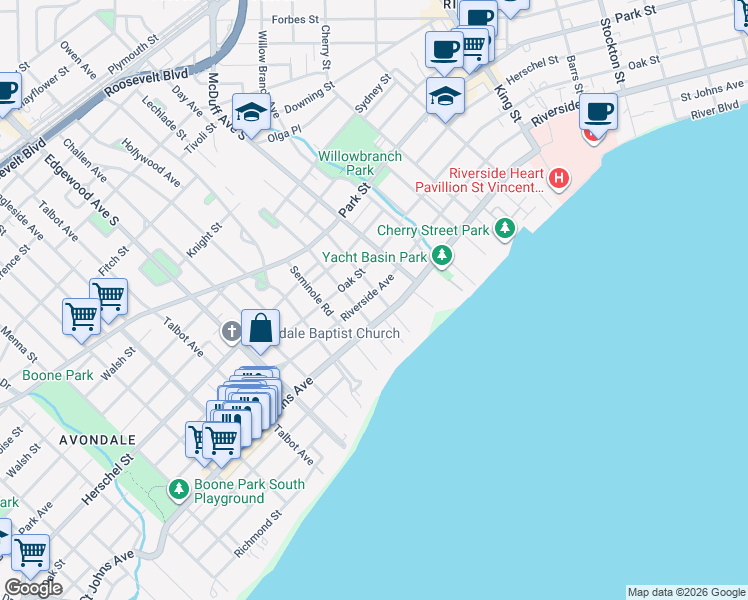 map of restaurants, bars, coffee shops, grocery stores, and more near 3206 Riverside Avenue in Jacksonville
