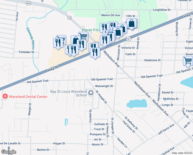 map of restaurants, bars, coffee shops, grocery stores, and more near 420 Old Spanish Trail in Waveland