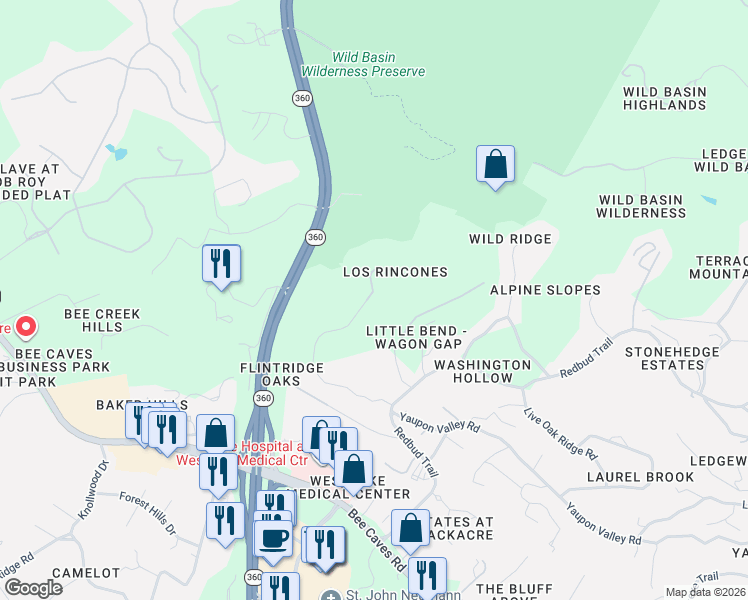 map of restaurants, bars, coffee shops, grocery stores, and more near 1904 Yaupon Valley Road in West Lake Hills