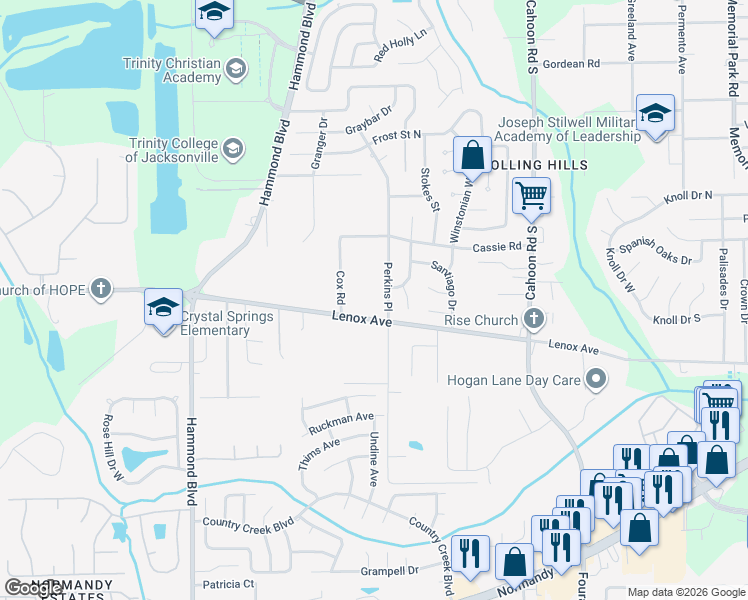 map of restaurants, bars, coffee shops, grocery stores, and more near 8425 Lenox Avenue in Jacksonville