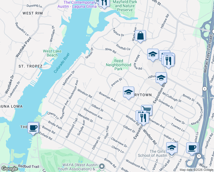 map of restaurants, bars, coffee shops, grocery stores, and more near 2516 Tanglewood Trail in Austin