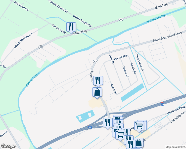 map of restaurants, bars, coffee shops, grocery stores, and more near 2304 Anse Broussard Highway in Breaux Bridge