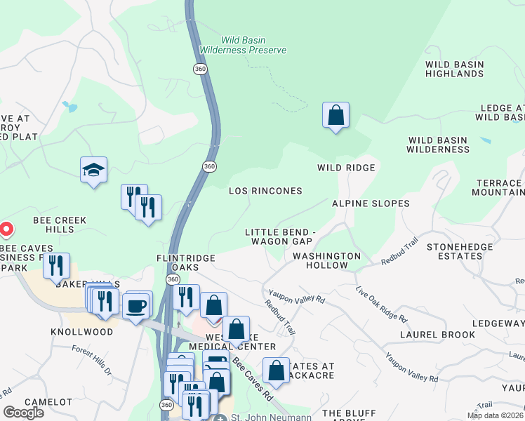 map of restaurants, bars, coffee shops, grocery stores, and more near 1906 Yaupon Valley Road in West Lake Hills
