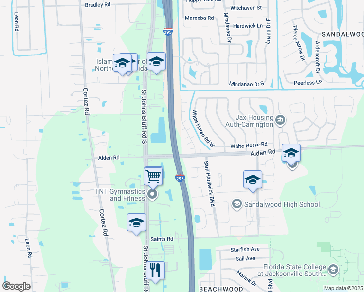 map of restaurants, bars, coffee shops, grocery stores, and more near 2530 Whispering Woods Boulevard in Jacksonville