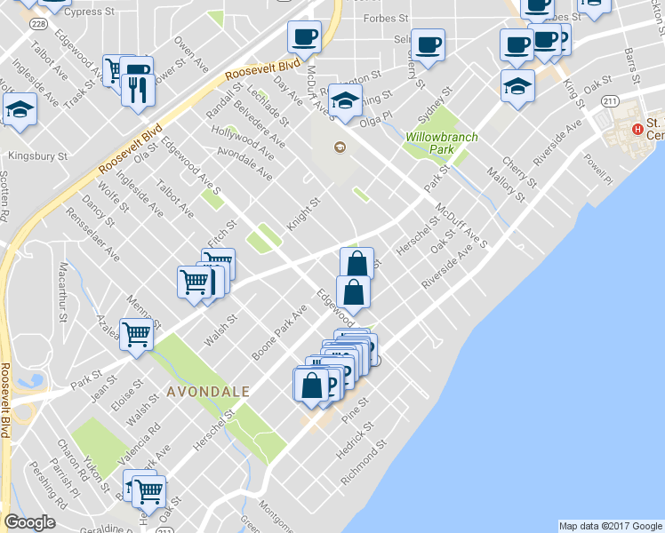 map of restaurants, bars, coffee shops, grocery stores, and more near 1617 Edgewood Avenue South in Jacksonville