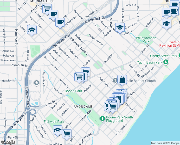 map of restaurants, bars, coffee shops, grocery stores, and more near 1448 Ingleside Avenue in Jacksonville