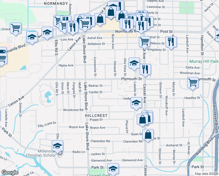 map of restaurants, bars, coffee shops, grocery stores, and more near 1269 Denaud Street in Jacksonville
