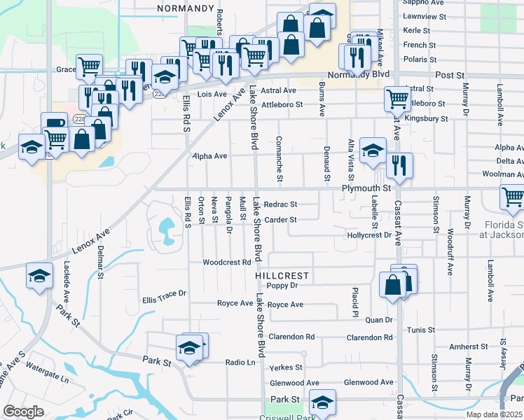 map of restaurants, bars, coffee shops, grocery stores, and more near 1242 Lake Shore Boulevard in Jacksonville