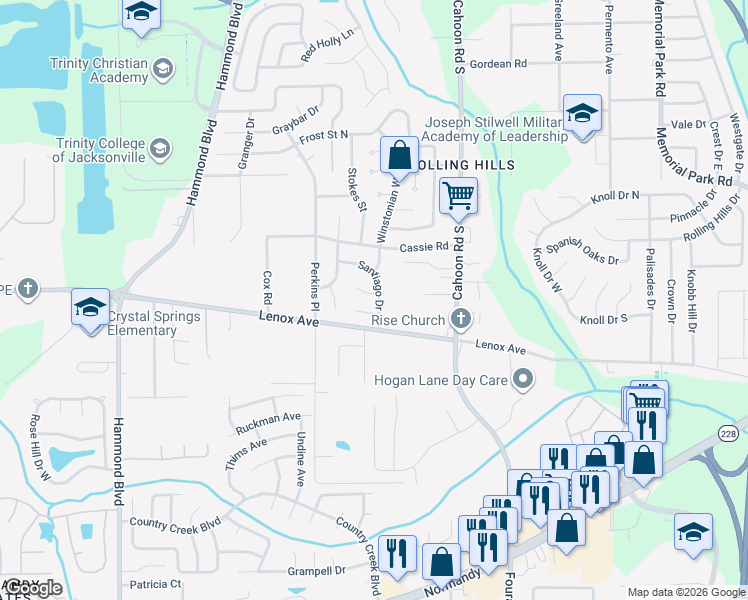 map of restaurants, bars, coffee shops, grocery stores, and more near 8310 Santman Court in Jacksonville