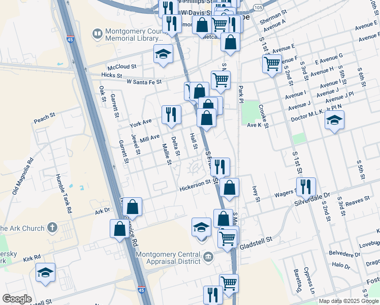 map of restaurants, bars, coffee shops, grocery stores, and more near 500 Hickerson Street in Conroe