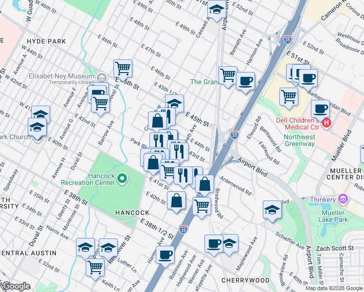map of restaurants, bars, coffee shops, grocery stores, and more near 1013 East 43rd Street in Austin