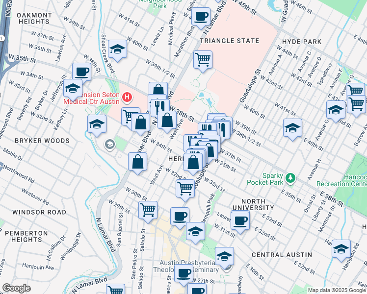 map of restaurants, bars, coffee shops, grocery stores, and more near in Austin
