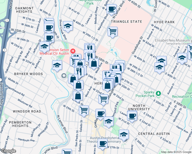 map of restaurants, bars, coffee shops, grocery stores, and more near 3206 West Avenue in Austin