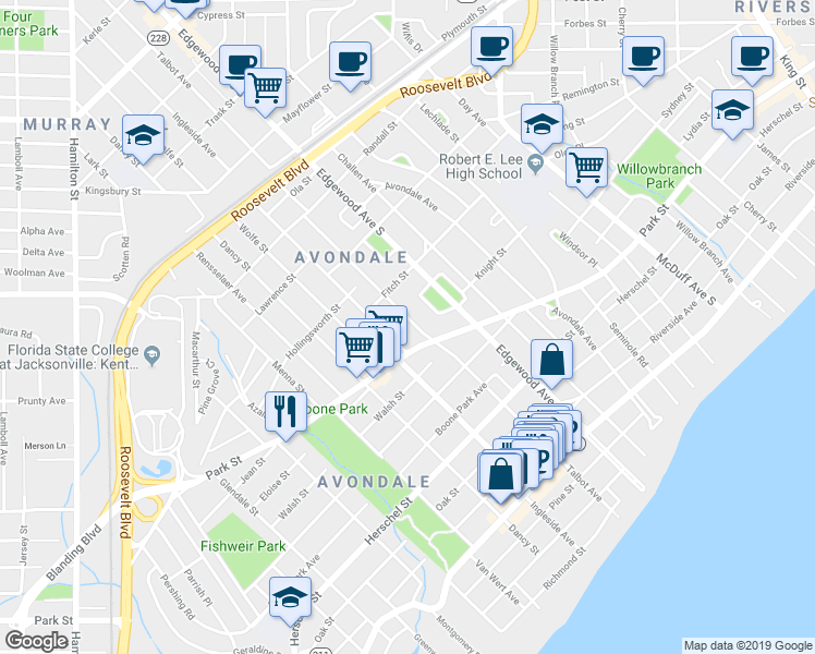 map of restaurants, bars, coffee shops, grocery stores, and more near 1448 Ingleside Avenue in Jacksonville