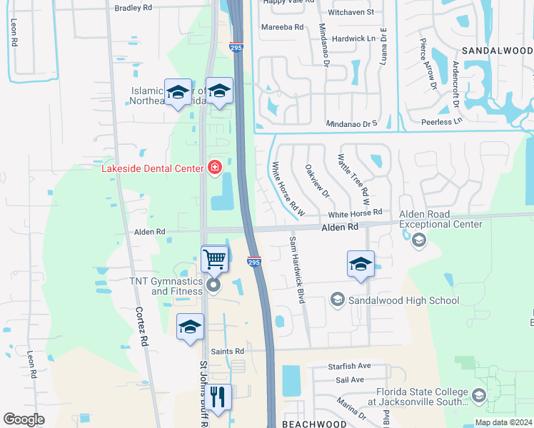 map of restaurants, bars, coffee shops, grocery stores, and more near 2524 Whispering Woods Boulevard in Jacksonville