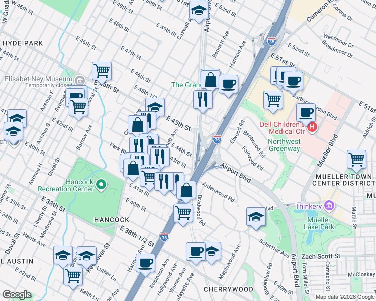 map of restaurants, bars, coffee shops, grocery stores, and more near 1026 East 43rd Street in Austin