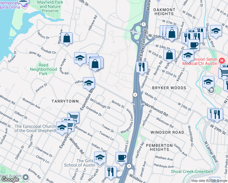 map of restaurants, bars, coffee shops, grocery stores, and more near 2304 Westover Road in Austin