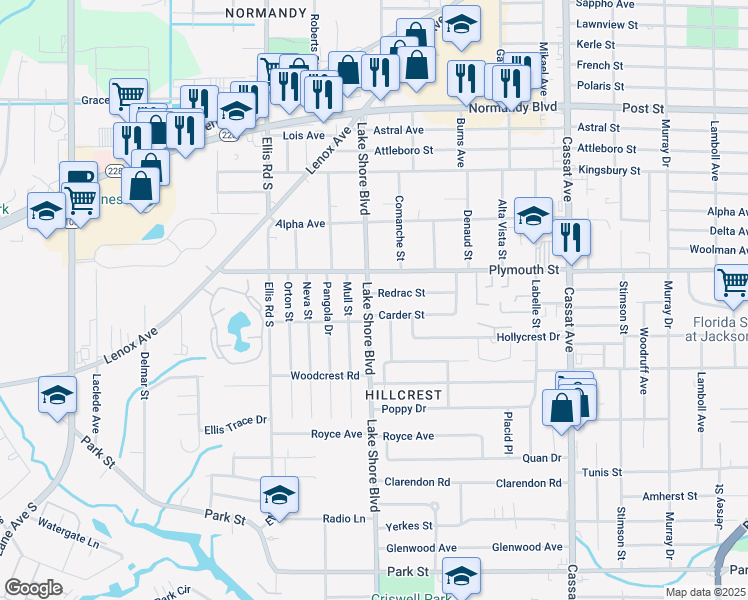 map of restaurants, bars, coffee shops, grocery stores, and more near 1242 Lake Shore Boulevard in Jacksonville
