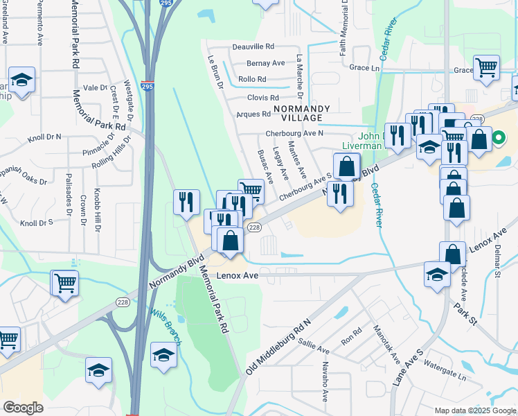 map of restaurants, bars, coffee shops, grocery stores, and more near 1232 Le Brun Drive in Jacksonville
