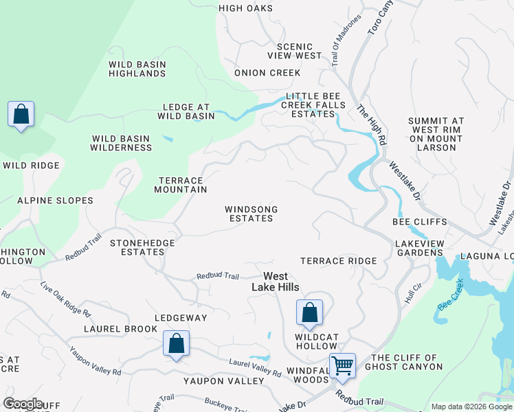 map of restaurants, bars, coffee shops, grocery stores, and more near 698 Windsong Trail in West Lake Hills