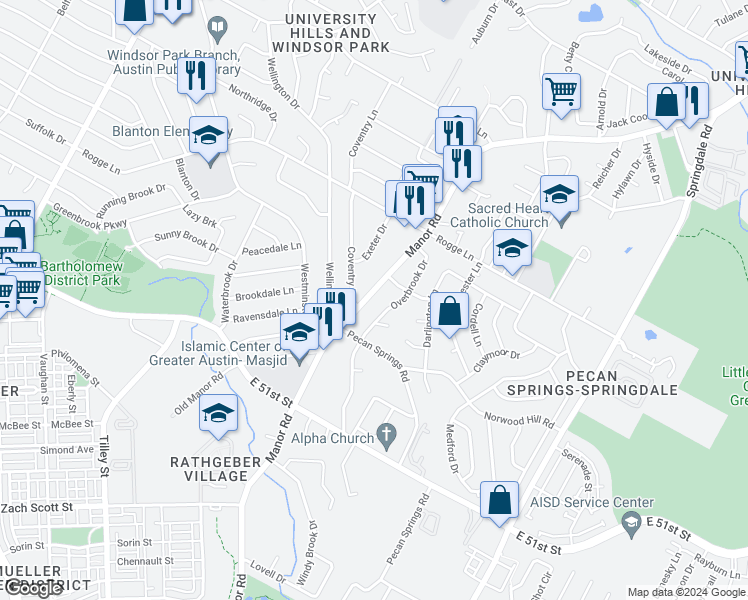 map of restaurants, bars, coffee shops, grocery stores, and more near 5413 Manor Road in Austin