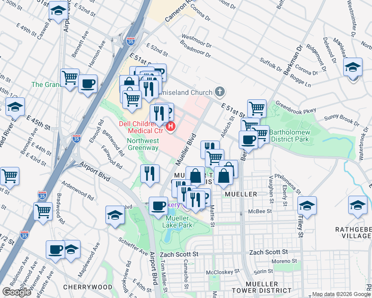 map of restaurants, bars, coffee shops, grocery stores, and more near Mueller Boulevard in Austin