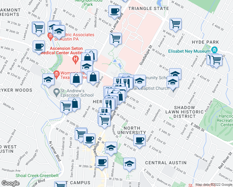 map of restaurants, bars, coffee shops, grocery stores, and more near 610 Maiden Lane in Austin