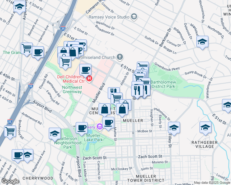 map of restaurants, bars, coffee shops, grocery stores, and more near 2200 Aldrich Street in Austin