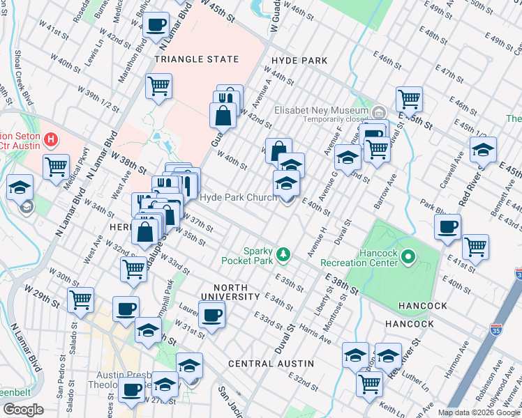 map of restaurants, bars, coffee shops, grocery stores, and more near 109 West 39th Street in Austin