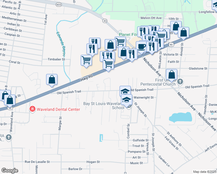 map of restaurants, bars, coffee shops, grocery stores, and more near 1201 Russell Drive in Waveland