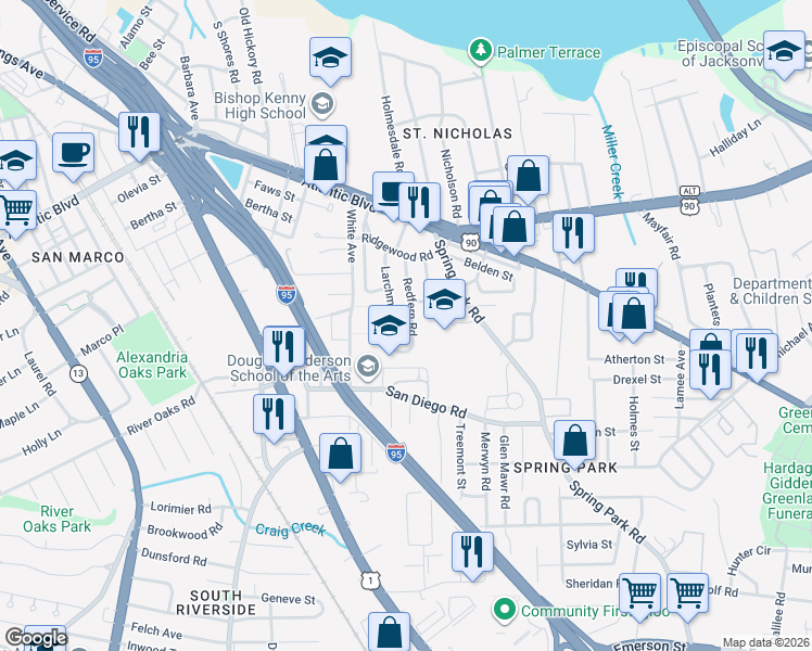 map of restaurants, bars, coffee shops, grocery stores, and more near 2279 Larchmont Road in Jacksonville