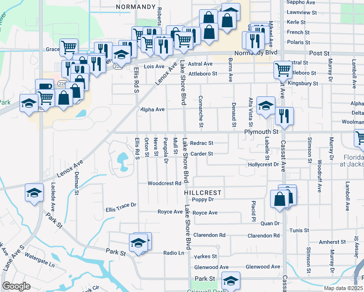 map of restaurants, bars, coffee shops, grocery stores, and more near 1242 Lake Shore Boulevard in Jacksonville