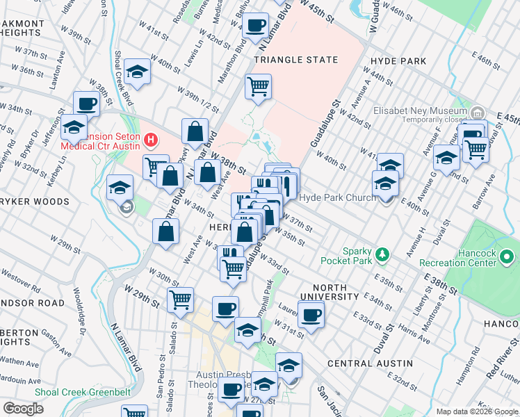 map of restaurants, bars, coffee shops, grocery stores, and more near 610 West 35th Street in Austin