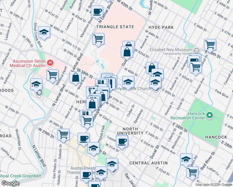 map of restaurants, bars, coffee shops, grocery stores, and more near 409 West 38th Street in Austin