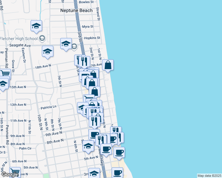 map of restaurants, bars, coffee shops, grocery stores, and more near 1415 1st Street North in Jacksonville Beach