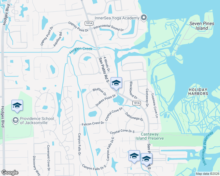 map of restaurants, bars, coffee shops, grocery stores, and more near 2471 Bluffton Drive in Jacksonville