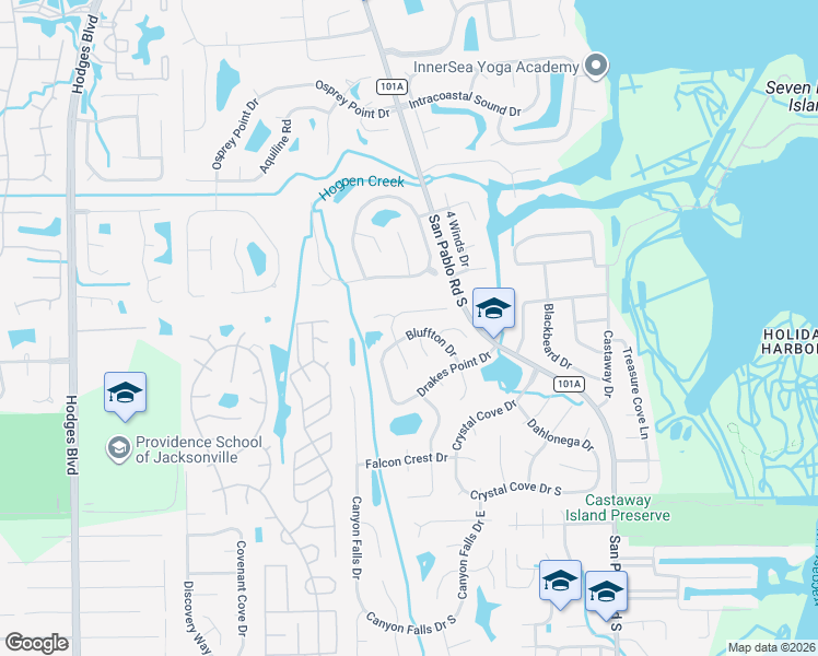 map of restaurants, bars, coffee shops, grocery stores, and more near 2430 Footbridge Lane in Jacksonville