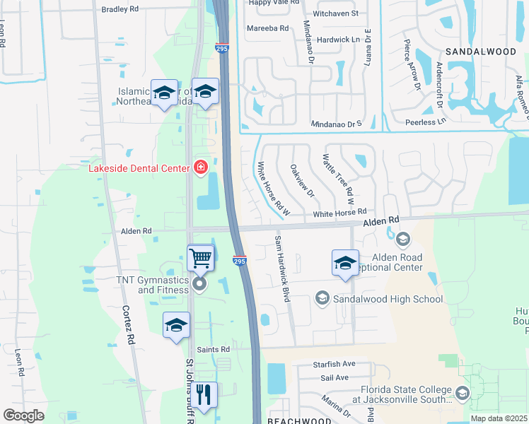map of restaurants, bars, coffee shops, grocery stores, and more near 2530 Whispering Woods Boulevard in Jacksonville