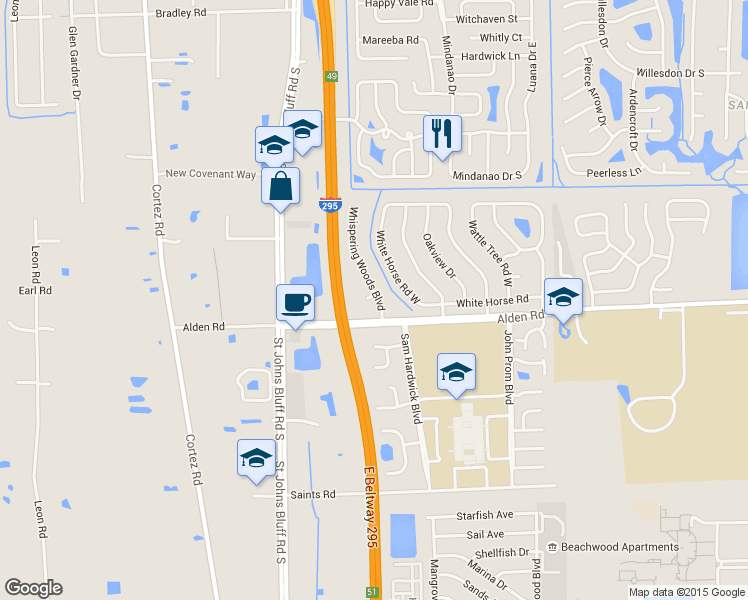 map of restaurants, bars, coffee shops, grocery stores, and more near 2530 Whispering Woods Boulevard in Jacksonville