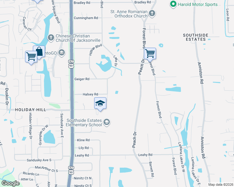 map of restaurants, bars, coffee shops, grocery stores, and more near 2371 Hilltop Boulevard in Jacksonville