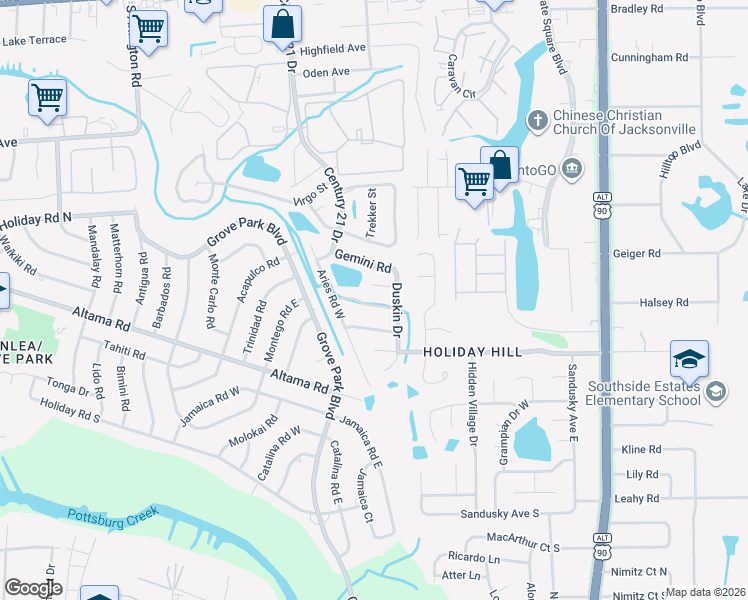 map of restaurants, bars, coffee shops, grocery stores, and more near 8442 Spicewood Drive in Jacksonville